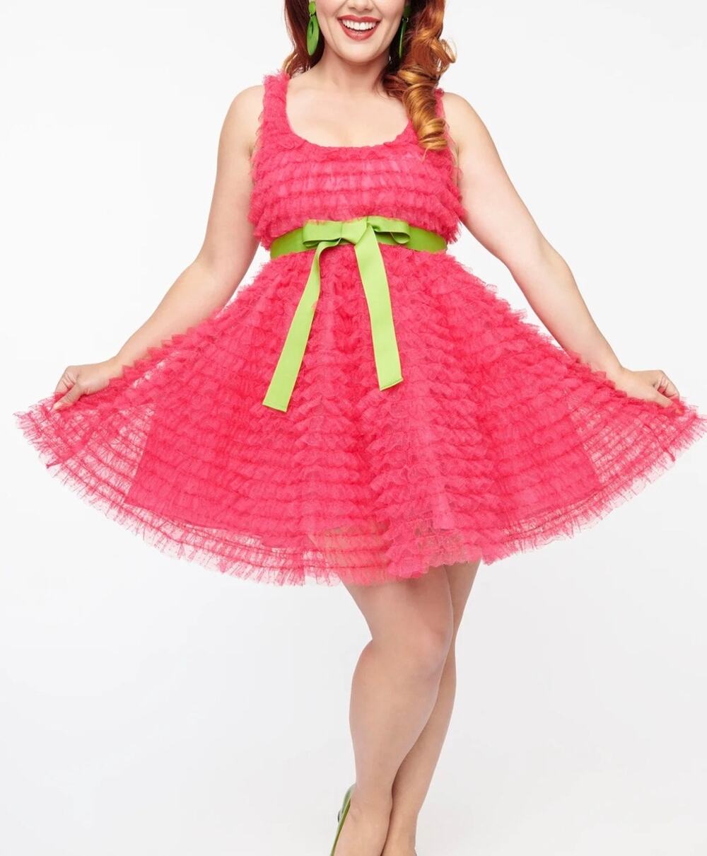 Unique Vintage Hot Pink Tulle Mini Dress with Lime Green Sash